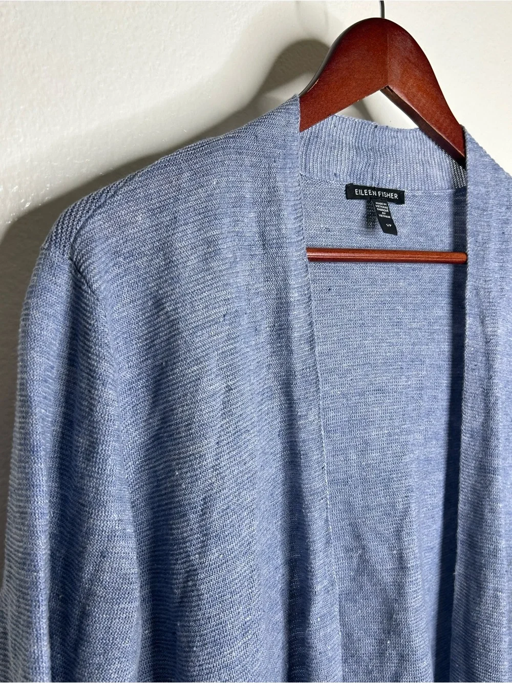 Eileen Fisher 100% Organic Linen Knit Textured Blue Open Cardigan Sweater